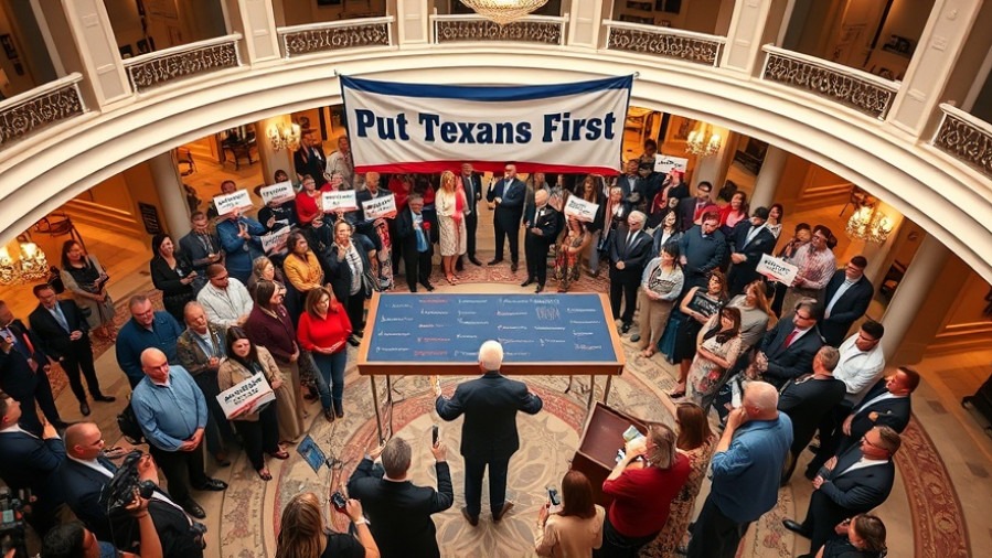 Diverse group at Texas political fundraiser, 'Put Texans First' banner in focus.