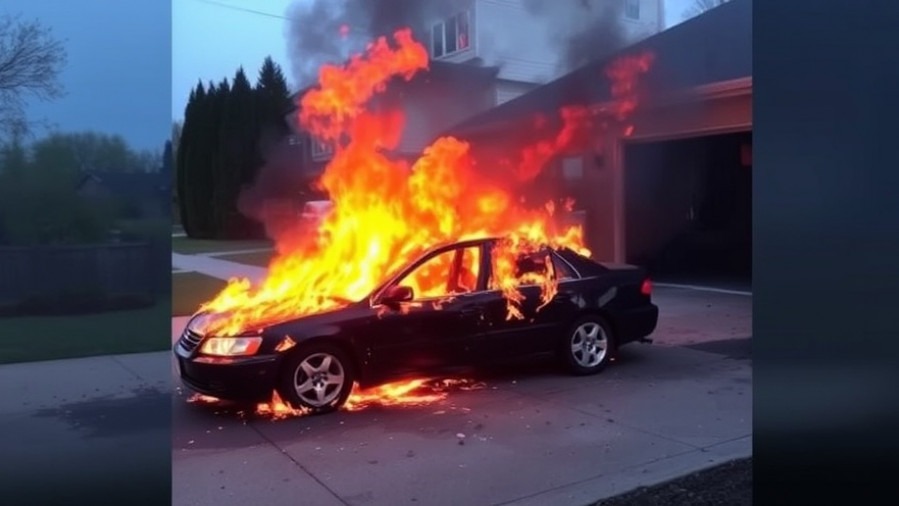 Car engulfed in flames in driveway highlighting fire safety in San Antonio.