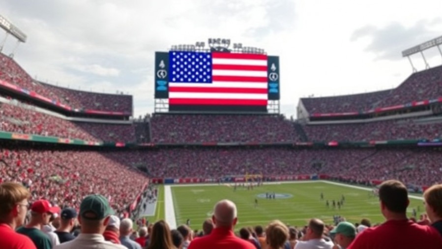 Spectators in a packed stadium view U.S. flag on jumbotron, reflecting gun control news.