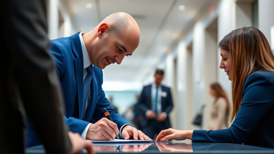 Bald man in a blue suit signing documents, highlighting Texas elections 2026 engagement.