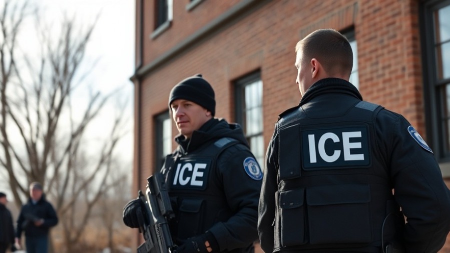 Two unarmed officers in ICE vests near a brick building, depicting immigration law context.