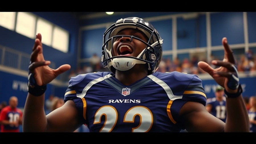 Energetic Baltimore Ravens player engaging with humor in coaching indoors.