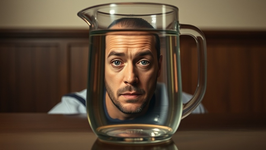 A man's distorted face through a pitcher of water, symbolizing stress relief techniques for seniors.