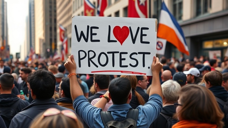Vibrant crowd at Trump administration protests holding a 'WE LOVE TO PROTEST' sign.