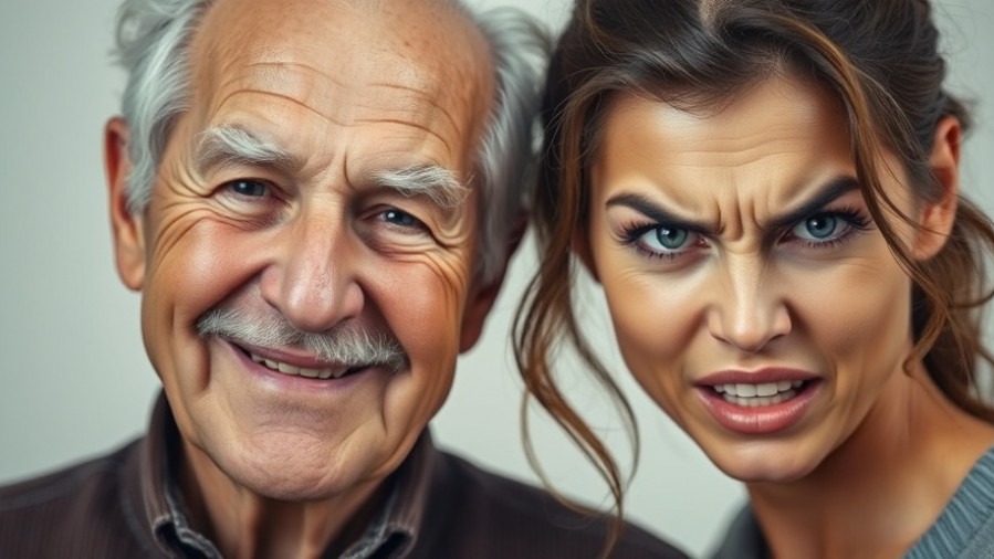 Photorealistic portrait of an elderly man and young woman, symbolizing caregiver trust issues and caretaker safety.
