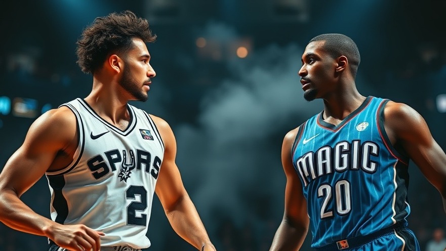 Dynamic Spurs vs Magic basketball match highlights with vivid colors and smoke effects.