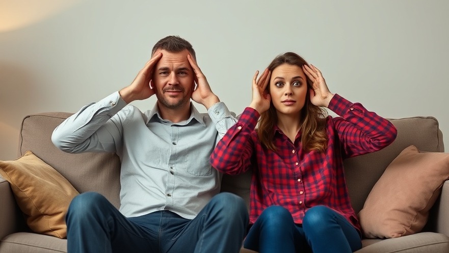 Couple covering ears on couch, overwhelmed by media consumption and news impact.