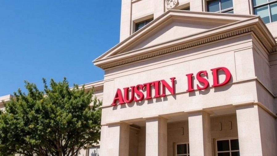 Austin ISD sign on a government building highlighting AISD budget challenges and community feedback.