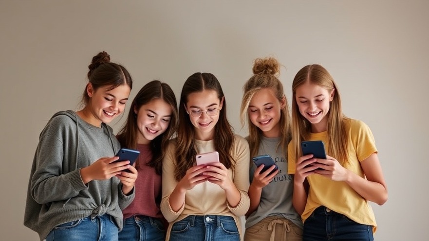 Five teenage girls on smartphones discussing children's mental health and digital wellbeing.