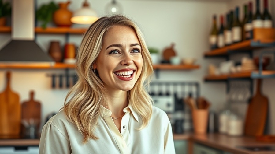 Young woman discussing women's rights in politics in a vibrant kitchen.