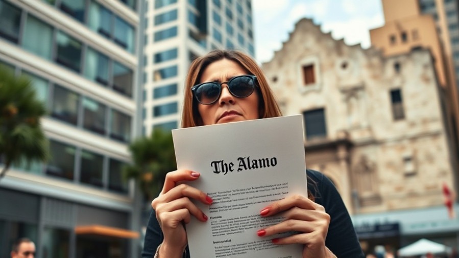 Sad woman in sunglasses with 'The Alamo' document in urban setting, reflecting Texas history stories.