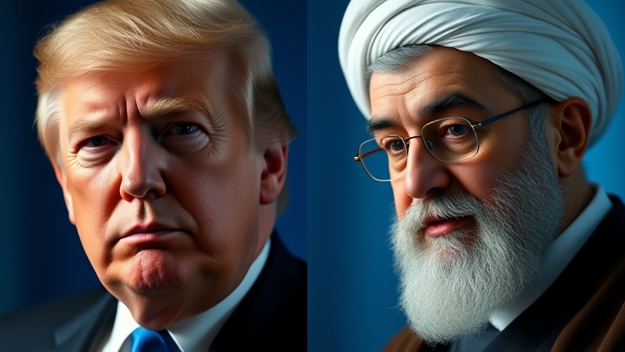 Photorealistic split-screen portraits of Donald Trump and Ayatollah Khamenei reflecting Iranian threats.