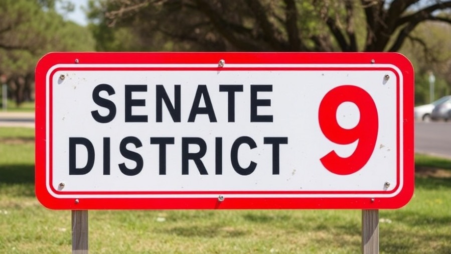 Texas Senate District 9 sign highlighting local politics in Dallas for the 2025 elections.