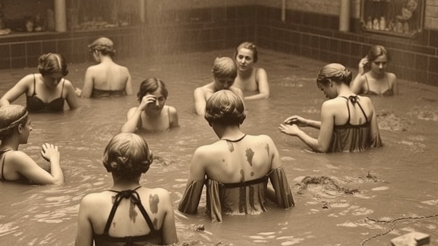 Therapeutic mud baths from 1925, a glimpse into holistic wellness beauty treatments.