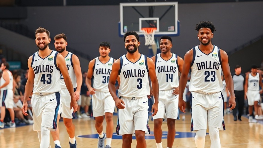 Joyous Dallas Mavericks players in white uniforms celebrating post-game, reflecting Dallas sports news.