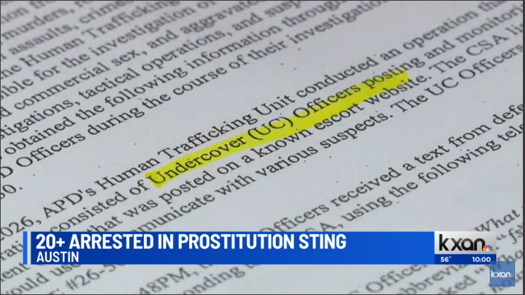 Highlighted text document about an undercover operation, Austin news.