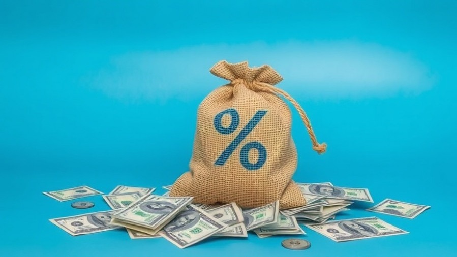 Small sack with percent symbol and dollar bills on blue backdrop, symbolizing bank rates and savings strategy.