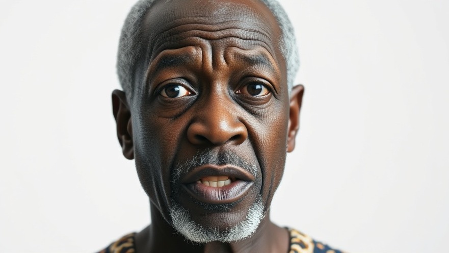 Confused senior black man sharing mental health tips against a plain white background.
