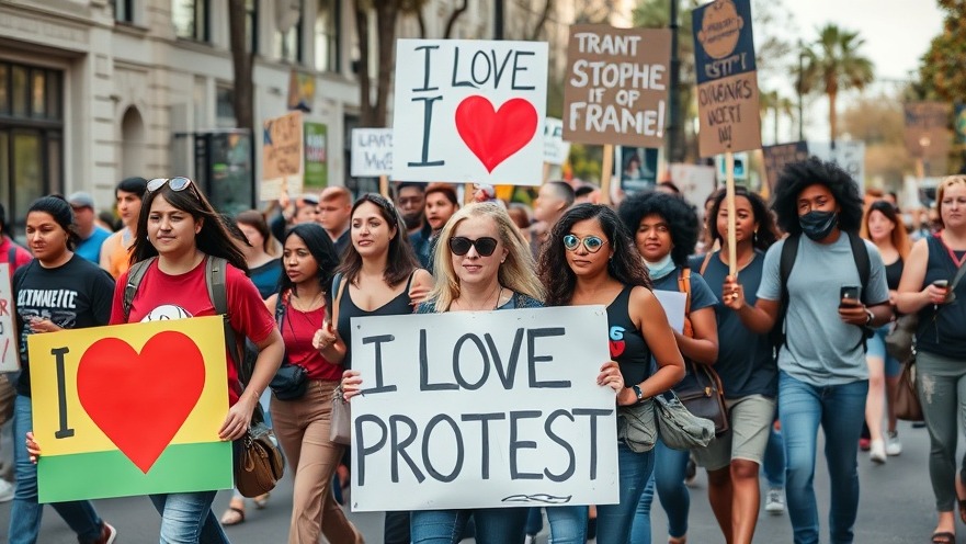 Diverse group of protestors in Dallas advocating for social justice, holding 'I LOVE TO PROTEST' signs.