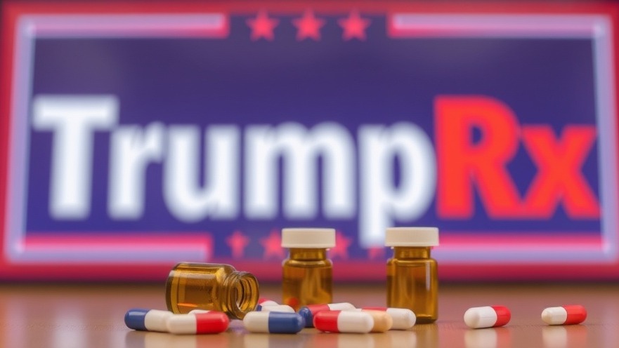 Pill bottles in foreground with 'TrumpRx' sign, highlighting discounted medications.