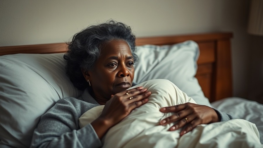Older black woman in bed pondering insomnia solutions with warm earth tones.