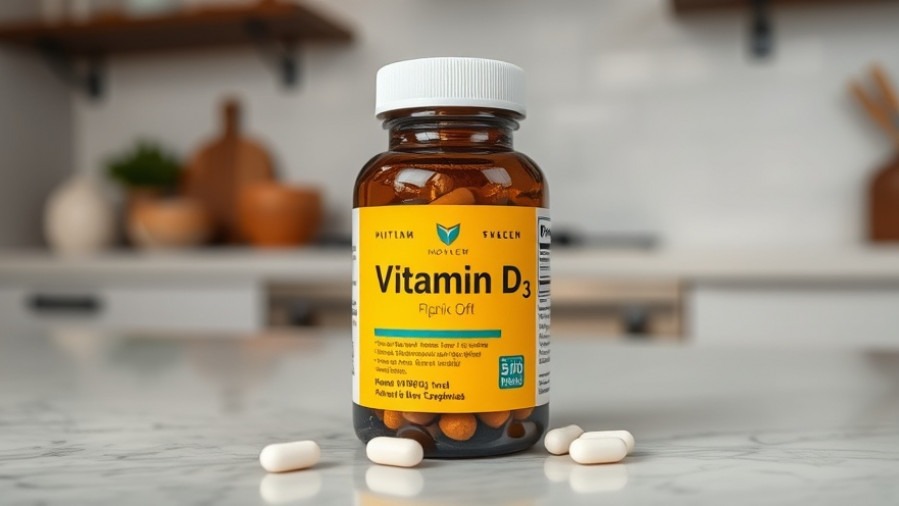 Vitamin D supplementation in a bottle on a kitchen table for energy and mood boost