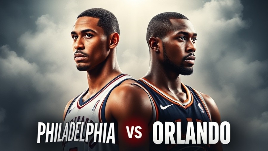 Dynamic NBA highlights poster of Orlando Magic victory vs Philadelphia, intense athletes.