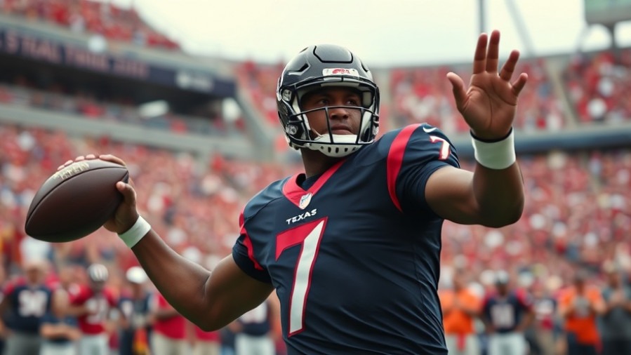 Photorealistic Houston Texans quarterback #7 mid-throw in vibrant stadium, NFL playoff picture.