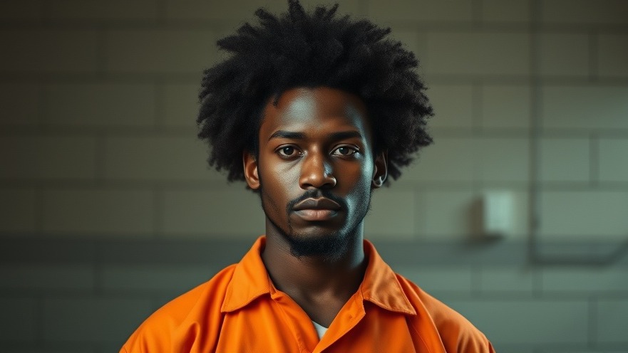 Black man with afro in orange prison uniform highlighting Austin public safety issues.