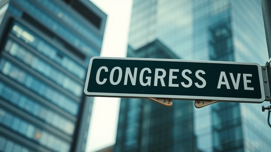 Close-up of Congress Avenue sign near modern high-rise, highlighting Austin community events.