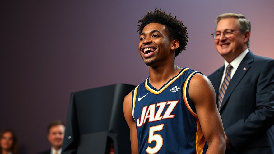 Excited young player in No. 5 jazz jersey at NBA draft ceremony, capturing dynamic moments.
