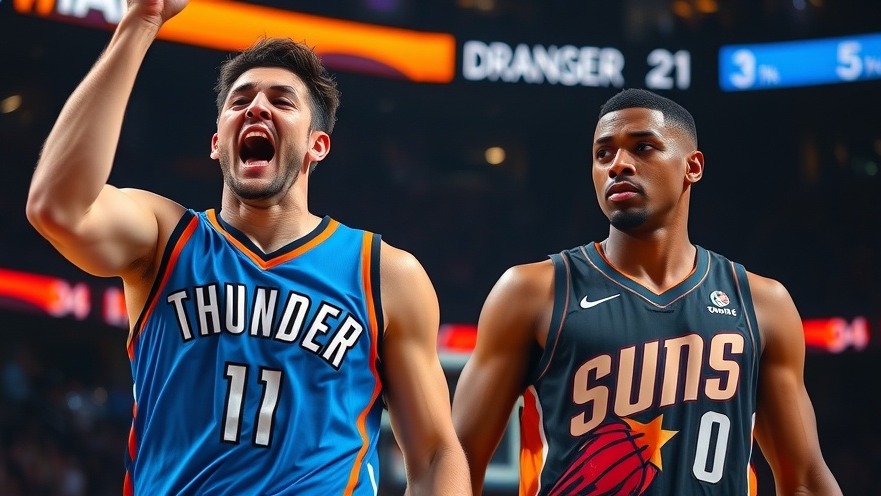 Oklahoma City Thunder player celebrates in bright arena; Phoenix Suns player looks disappointed.