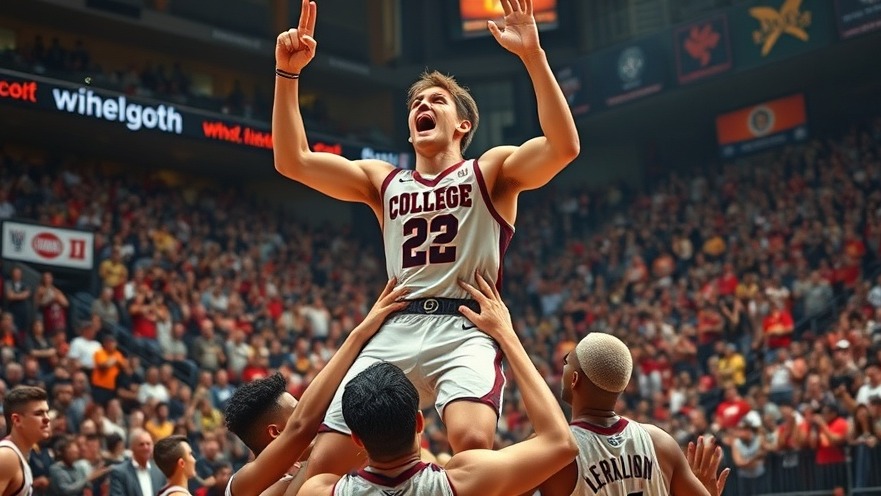 Dynamic NCAA tournament player celebrated by teammates in a vibrant, crowded stadium.