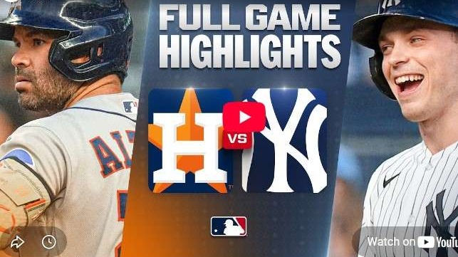 Yankees vs. Astros highlights promotional image with players.