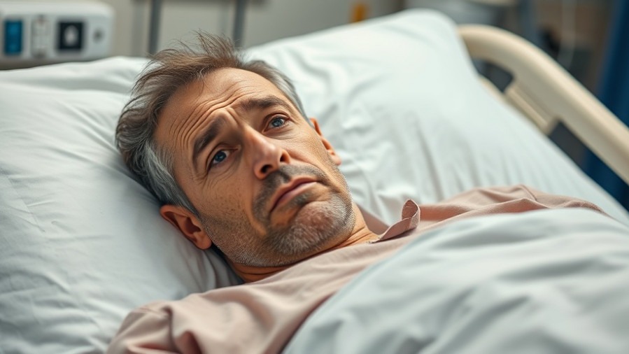 Worried middle-aged male patient in hospital bed, highlighting health and wellness concerns.