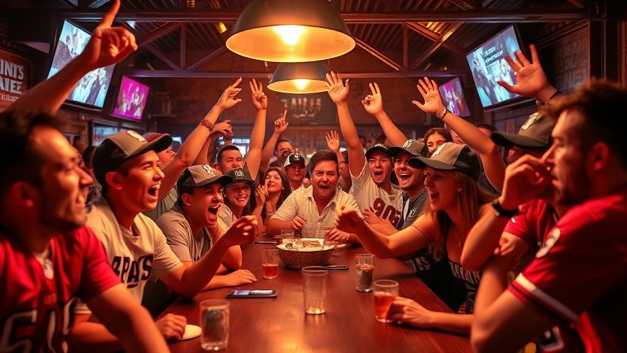 Wild and crazy sports fans enjoying NFL news at a vibrant bar.