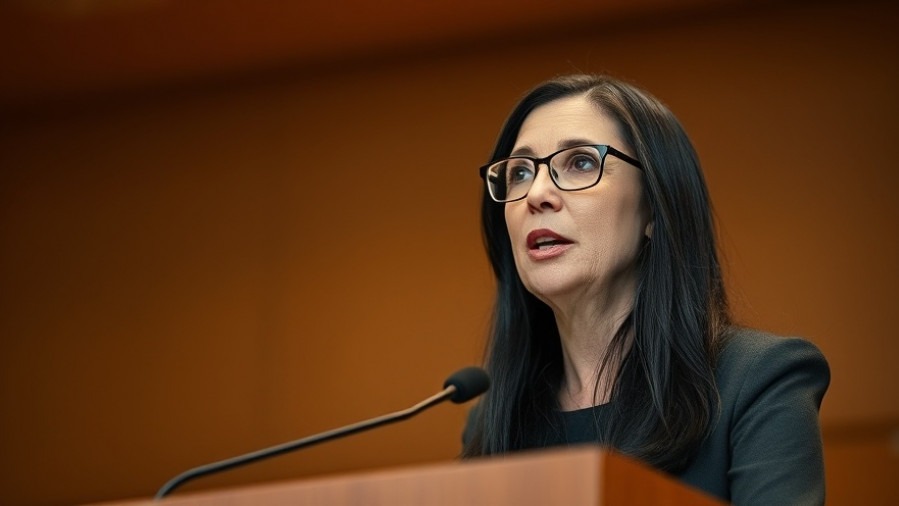 Middle-aged woman discusses Texas A&M controversy and academic freedom at podium.