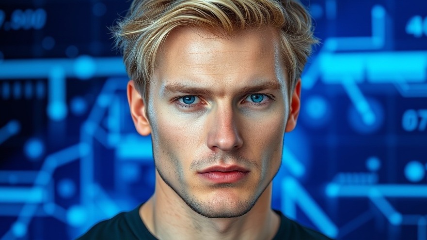 Serious blonde man posing with vibrant tech graphics, exploring technology ethics AI.