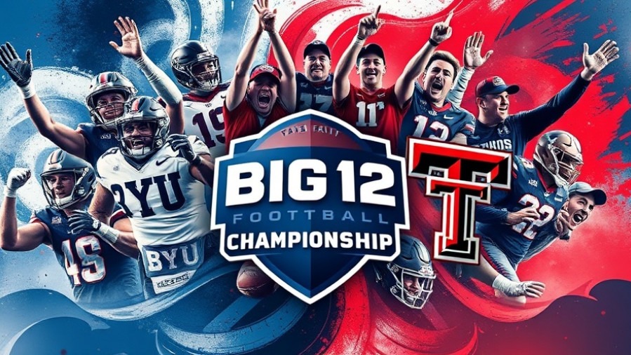 Excited Red Raiders football players and coaches around the Big 12 Championship logo.