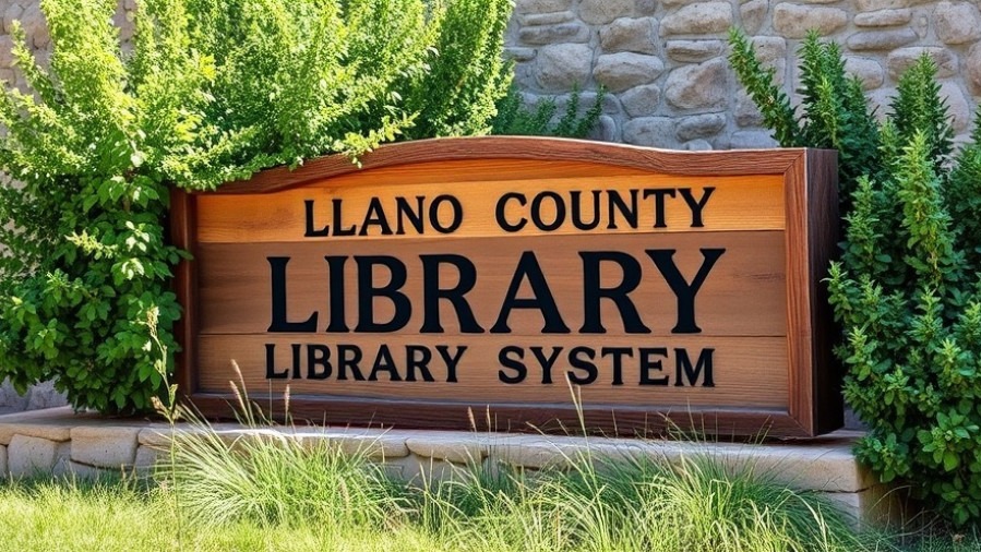 Rustic Llano County Library sign highlighting Texas book bans and freedom of speech issues.