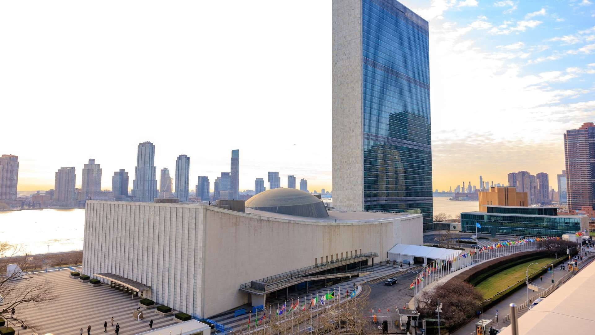 United Nations building in NYC addressing Iran attacks Gulf states and Middle East conflicts.