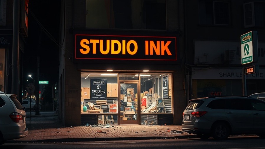 Austin local news highlights tattoo shop recovery at damaged STUDIO INK storefront at night.