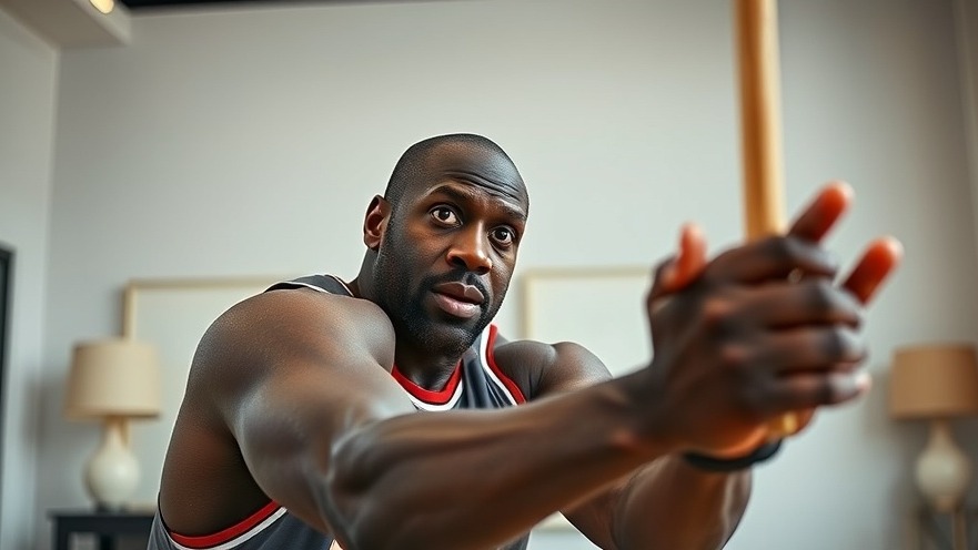 Shaquille O'Neal engaged in a playful fitness challenge, reaching for a stick.