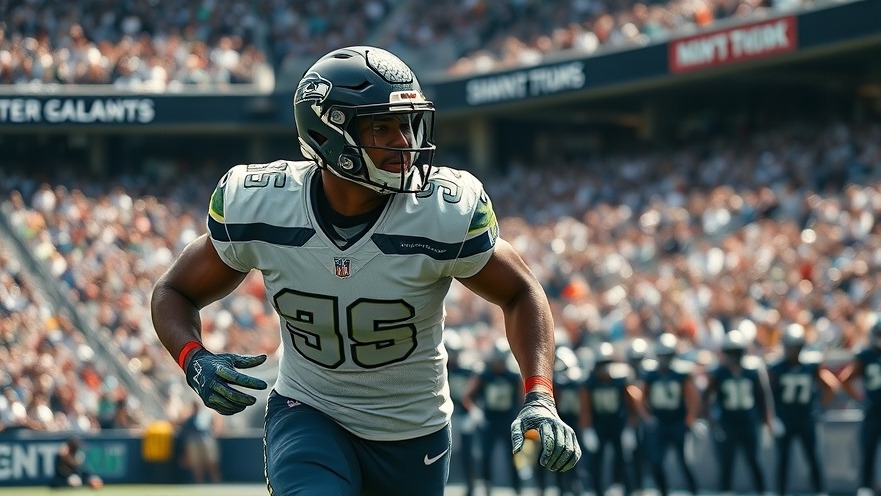 Photorealistic Seahawks player in action, NFL game recap with vibrant colors.