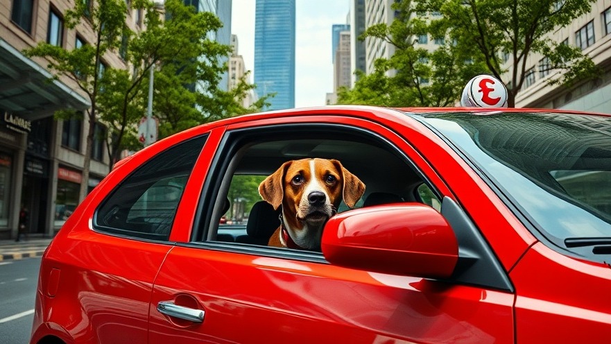 Concerned dog in red car on urban street, highlighting Houston animal welfare.