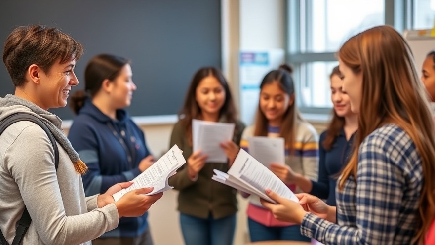 Teacher distributing report cards, promoting healthy lifestyle habits through education.