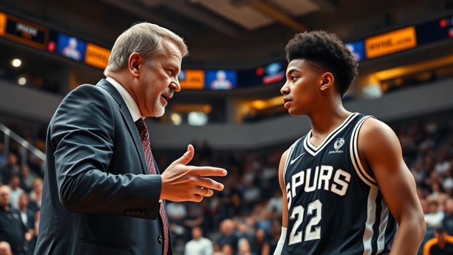 Intense San Antonio Spurs coach strategizing with a young player, vibrant stadium atmosphere