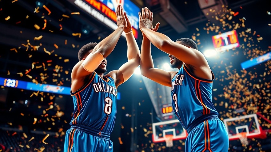 Oklahoma City Thunder players celebrate mid-air, capturing Game 4 victory joy.