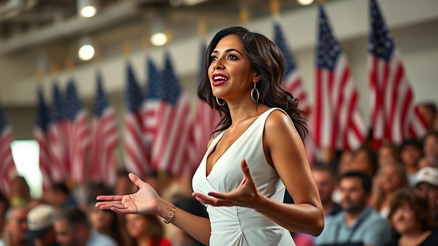 AOC passionately speaking on political authenticity, wearing an elegant white dress.