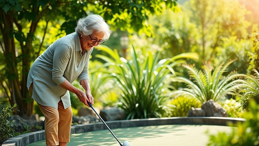 Elderly woman joyfully putting on a mini-golf course, vibrant greens in daylight.